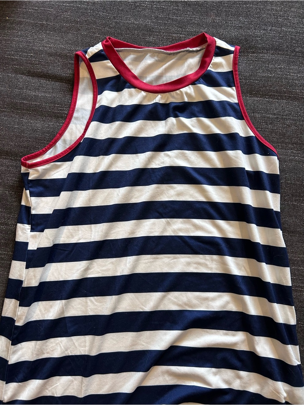 SHEIN Navy Blue and White Striped Tank Top with Red Trim